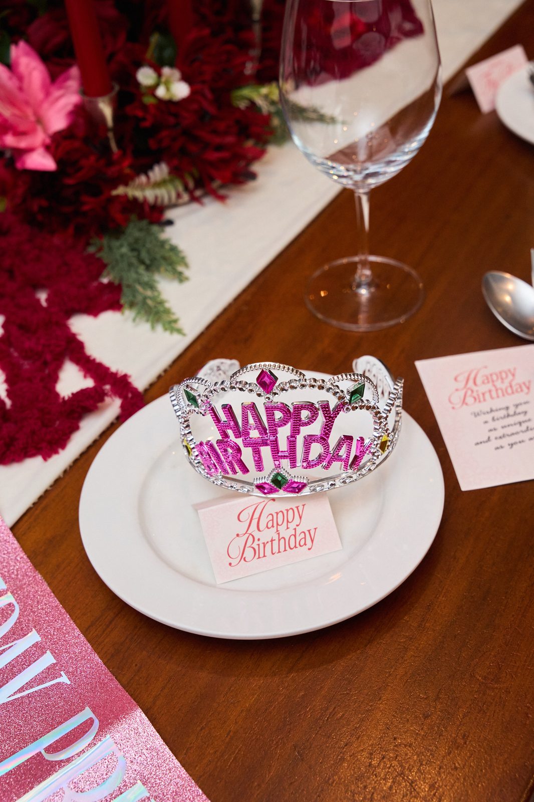 Happy Birthday crown and place card on the table at TUBA Bangkok